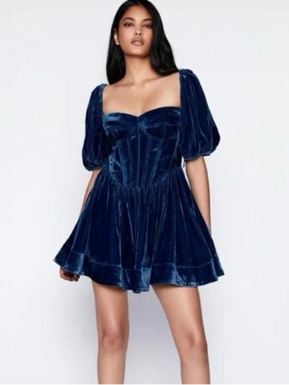 Bardot Navy Velvet Puff-Sleeve Mini Dress